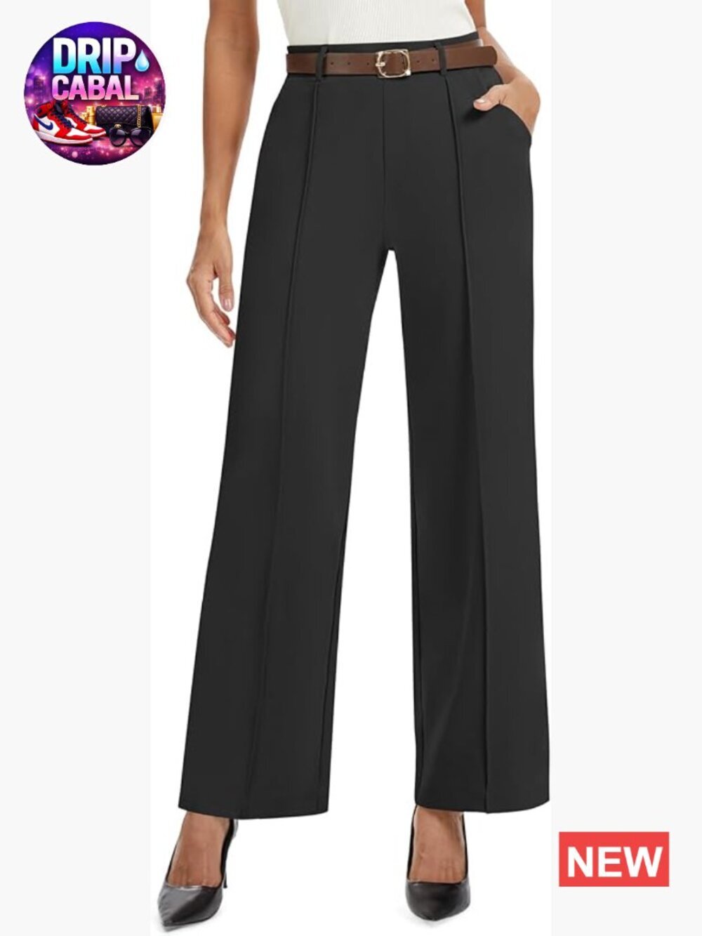 Wide Leg Dress Pants Pull On Stretchy Work Pants with Pockets